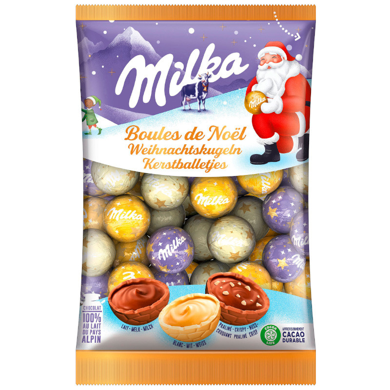 Milka Weihnachtskugeln Mix 350 g zarte Alpenmilchschokolade mit cremiger Füllung in festlicher Auswahl